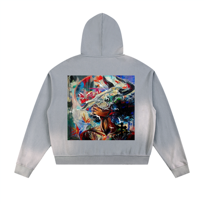 Sun Fade Frayed Raw Edge Fleece Zip Hoodie